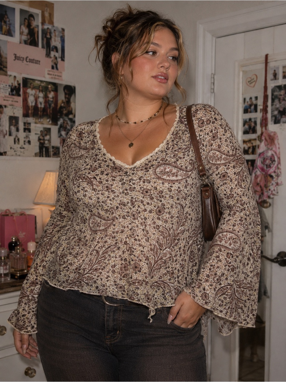 Y2K JKLA Creme Brown Floral Paisley Print Bell Sleeve Long Sleeve Blouse 1X Boho
